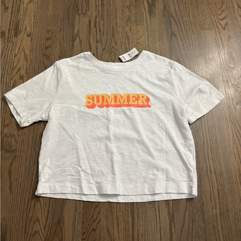 NWT LOFT LOU & GREY White Short Sleeve Tee "SUMMER" Graphic Shirt
